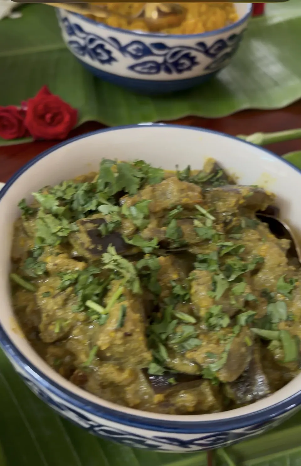 Close-up of aubergine curry topped with chopped coriander in a blue-rimmed bowl